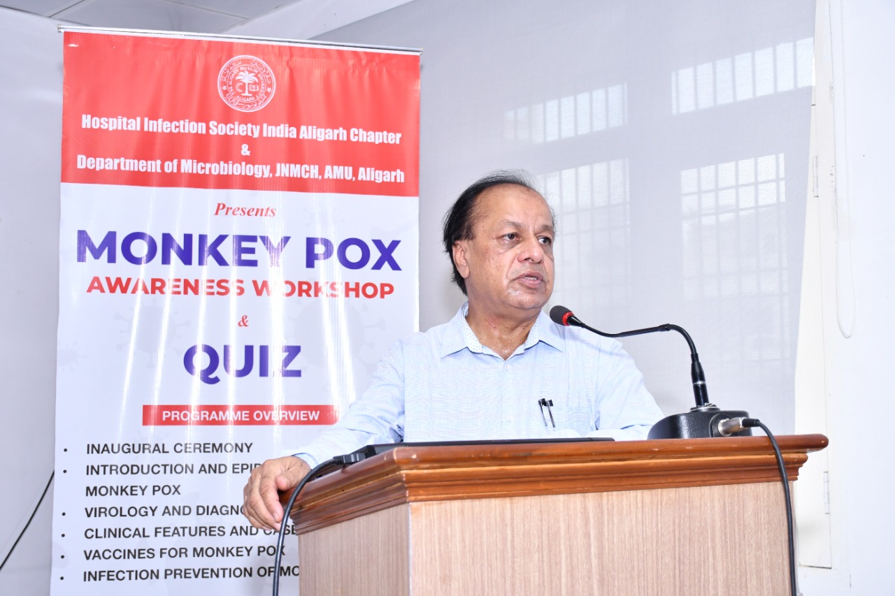 Prof Haris M Khan addressing the program on monkey poks.jpg